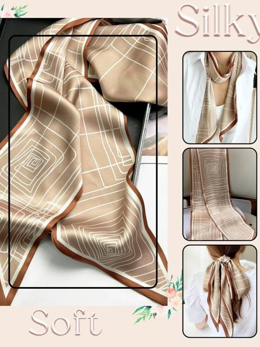 Women's Khaki Thread Border Elegant Oblique Angle Scarves Bag Scarfs